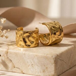 18K Gold Plated Hammered C-Hoop Earrings Bold Statement Jewelry